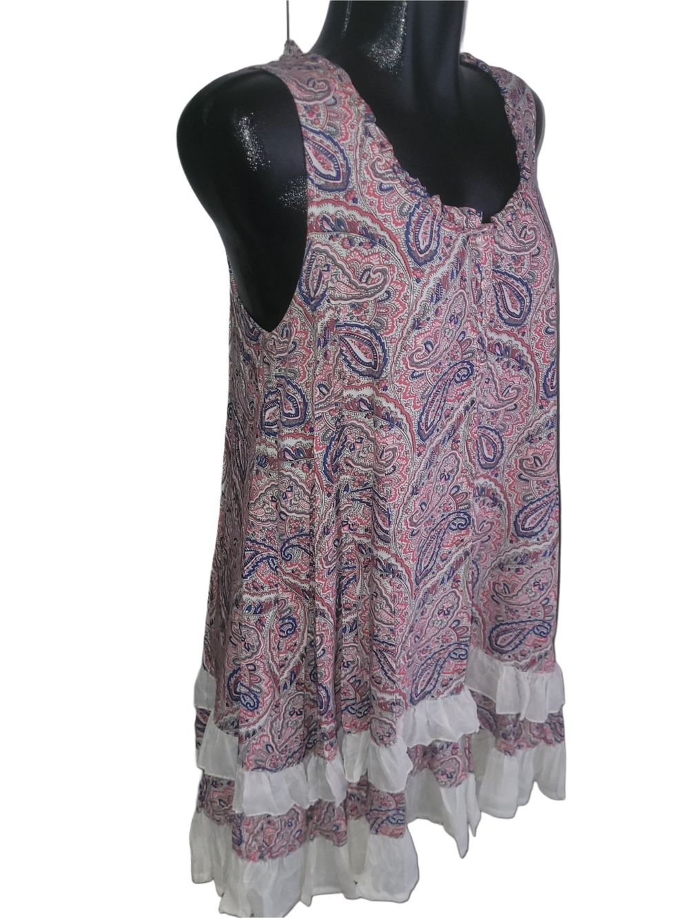 Papillon Pink and Blue Paisley Print Sleeveless Ruffle Shift Summer Dress L - Picture 3 of 7